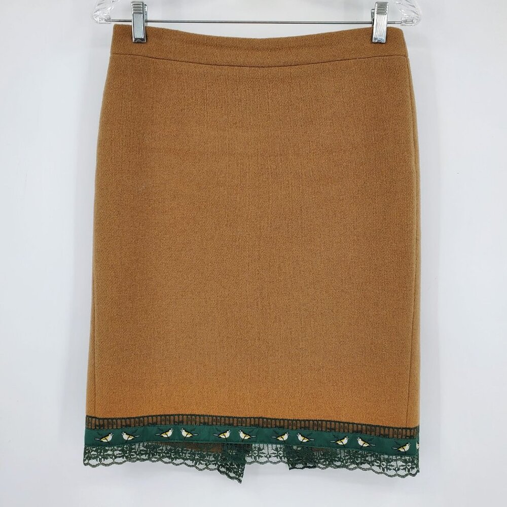 J. Crew Camel Pencil Skirt with Green Lace Trim
